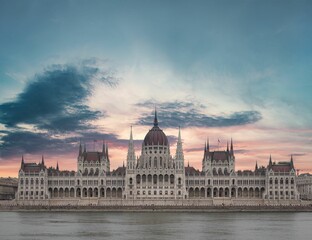 Obraz premium Aerial view of Hungarian Parliament Budapest during sunset