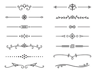 Fototapeta premium Text dividers doodle set. Wedding decorative elements with leaves, swirls, hearts. Divider ornament, borders, lines. Hand drawn vector illustration isolated on white background