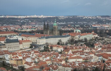 Fototapeta na wymiar The cityscape of Prague, Czech Republic, on a cloudy day, with the Prague Castle in the background