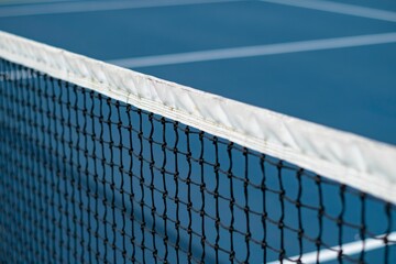 Close-up of the diagonal tennis net with white lines on a blue court, concept of a tennis match