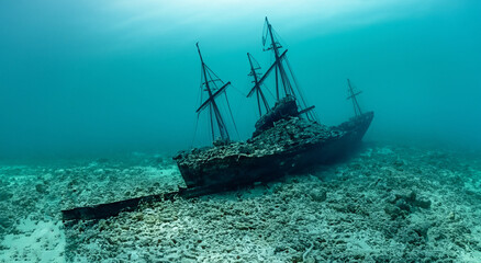 amazing rusty ship sunk in the middle of the sea with good day lighting at sea