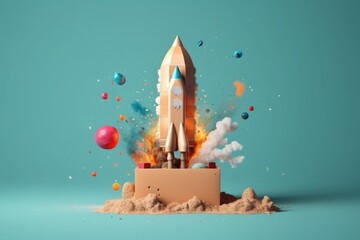 Illustration of rocket coming out of cardboard box. Generative AI