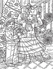 Christmas Children with Gifts Adults Coloring Page