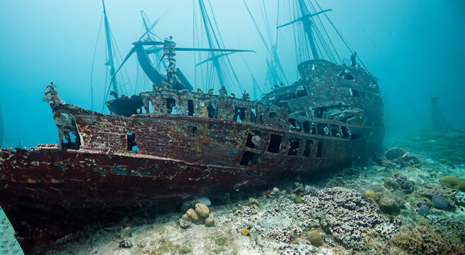 amazing sunken ship in the middle of the sea with good lighting