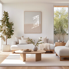 Modern living room design. Wellness theme. Interior garden and natural light source