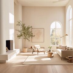 Modern living room design. Wellness theme. Interior garden and natural light source