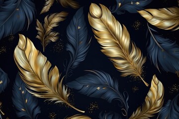 Feathers, leaves and branches in black, darkblue and gold. Generative AI