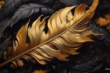 Feathers, leaves and branches in black, darkblue and gold. Generative AI