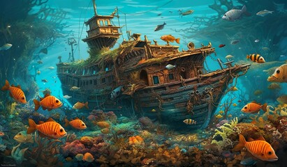 Journey to the Depths: Exploring the Intricate Underwater Realism of an Old Ship Surrounded by a Multitude of Fish