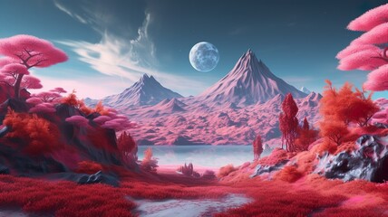 Futuristic Organic Serenity: Exploring an Orange 3D Scenery with Mountains and Trees, Infused with Traditional Japanese Elements - obrazy, fototapety, plakaty