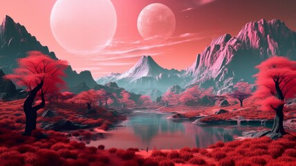 Futuristic Pink Serenity: Exploring an Orange 3D Scenery with Mountains and Trees, Infused with Traditional Japanese Elements