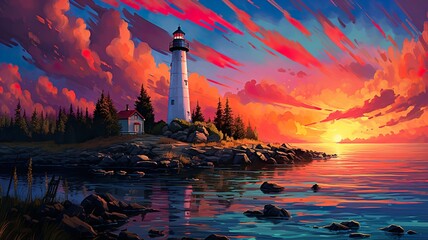 Styringe Lighthouse: A Colorful Pixel-Art Delight, Painting an Illusory Landscape at Sunset - obrazy, fototapety, plakaty