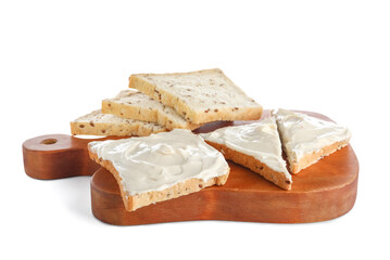 Wooden board of tasty toasts with cream cheese on white background