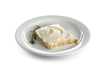Plate of tasty toast with cream cheese on white background