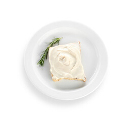 Plate of tasty toast with cream cheese on white background