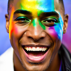 Handsome gay black man celebrating gay pride with rainbow colors. (AI-generated fictional illustration)
