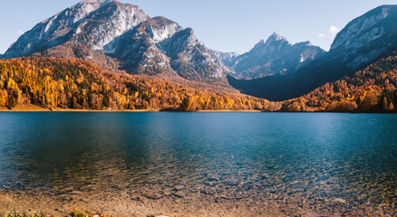 beautiful fairytale landscape background big mountains panorama over a lake