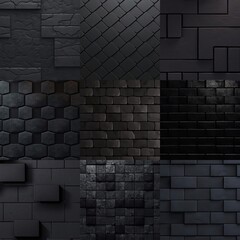 Tile made up of nine squares each with a different black brick wall texture design. Generative AI illustration.