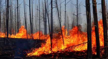 forest burning down completely with fallen trees full of fire and smoke