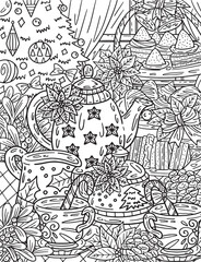 Christmas Tea Set Coloring Page for Adults