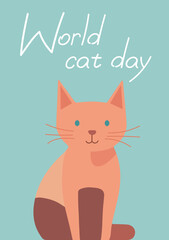 World Cat day vector card, flat cute red kitty character, funny domestic animal poster design