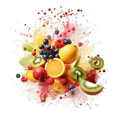 Fototapeta na wymiar Fruit explosion with juice splash on white background. Generative AI