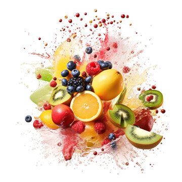 Fruit Explosion With Juice Splash On White Background. Generative AI