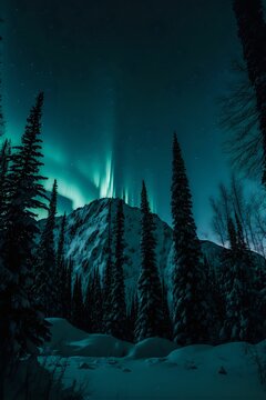 Vertical shot of a mountain and trees covered in snow during the phenomenon of auroa