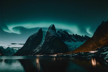 Coastal town surrounded by rocks and waters at night during the Northern Lights