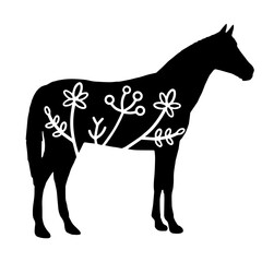 Horse. Vector animal with floral element. Illustration. Animal silhouette. Black isolated silhouette