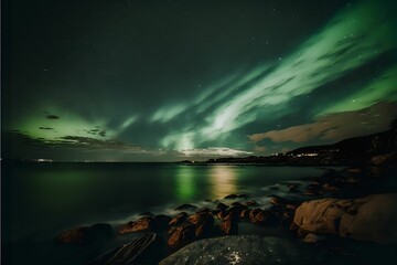 Rocky coast and a sea reflecting the green light of the Northern Lights at night