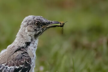 Closeup of a mockingbird with an insect on its beak