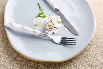 Silver fork with knife, plate and alstroemeria on table