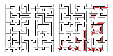 Abstract labyrinth for kids and adult on white background. Vector illustration with black square maze. Labyrinth with entry and exit 8.