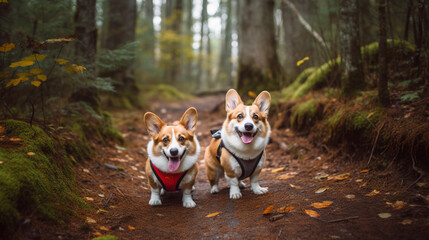 Corgi Dogs Enjoy a Dog Walk Through the Woods Surrounding by Large Trees, Moss, and Grass on a Dirt Path - Generative AI