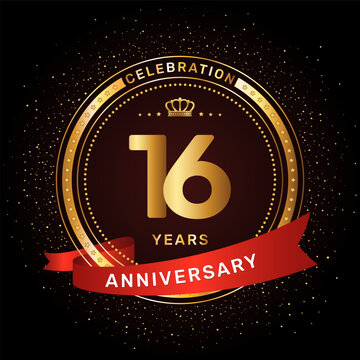 16th anniversary celebration logo design with a golden ring and red ribbon concept, vector template