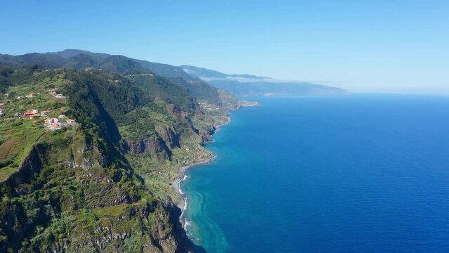 Drone view of Arco de Sao Jorge at Madeira coastline on a summer day, Portugal