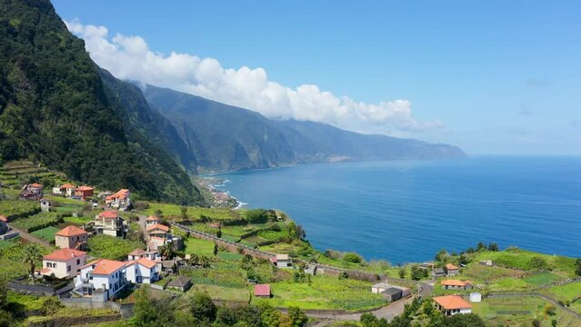 Drone view of Arco de Sao Jorge at Madeira coastline on a summer day, Portugal