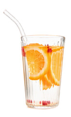 Glass of infused water with orange slices on white background