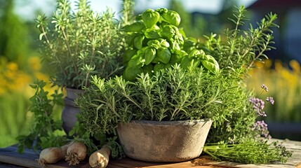 Fresh Aroma of Delicious Herbs - Mortar of Thyme, Rosemary and Basil on Wooden Table Outdoors, Generative AI