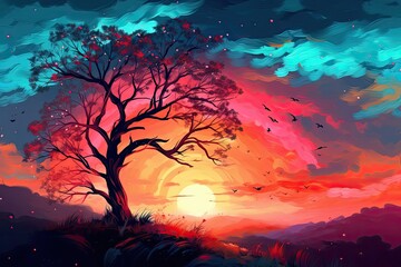 Luminous Sunset Sky Landscape: Natural Tree Silhouette and Colours of Fantasy Illustration, Generative AI