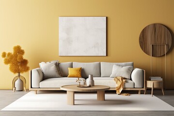 Fototapeta na wymiar Modern Living Room Design with Cream and Grey Accents: An Elegant Generative Interior Room Frame with Wood and Gold Adornment. Generative AI