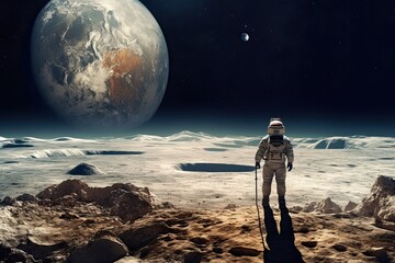 Man Gazing At Planet Earth From Moon: Exploring The Outer Limits of Space and Technology. Generative AI