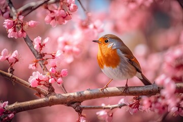 Spring's Haven: Witness the Magic of a Small Robin Bird on a Blush of Pink Flowers in a Tree. Generative AI