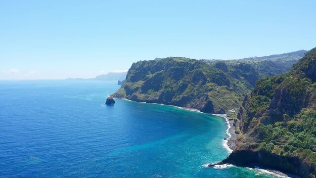 Aerial view of the Ponta de Sao Lourenco area on the Madeira Island at daytime under a blue sky