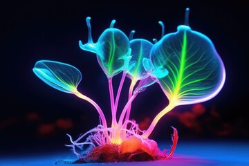 Animals, Joker, clown, panda or plants decorated with neon. Generative AI.