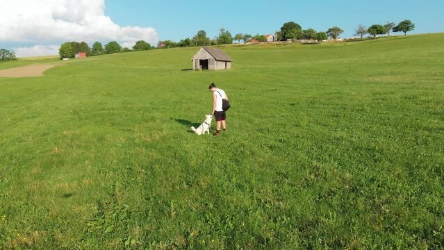 Bauernhof mit einer gr&uuml;nen Wiese auf einem Feld und einem Hundebesitzer mit seinem Hund einem wei&szlig;en Husky der sitz und platz macht f&uuml;r ein Leckerli Erziehung Gassi in 4k Drohne