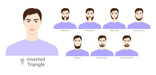 Fototapeta premium Set of Beard style for Inverted Triangle face shape and mustache men illustration Facial hair. Vector purple portrait male Fashion template flat barber. Stylish hairstyle isolated outline on white