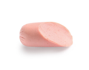Slice of tasty thin sausage on white background