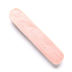 Slice of tasty thin sausage on white background